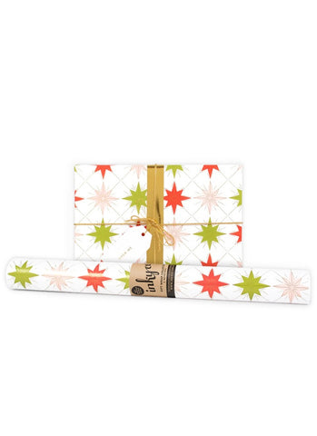 Gift wrap with colorful star pattern on a white background