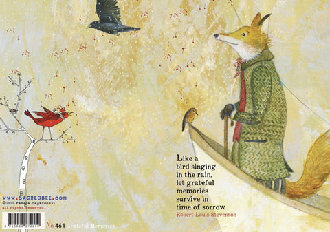 Illustration of a fox in a green coat with birds and a quote on a textured background