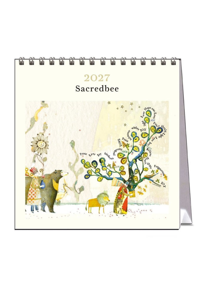 2027 Sacredbee calendar with illustrations of animals and a tree on a white background