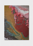 Abstract art piece with red, pink, and brown colors on a white background
