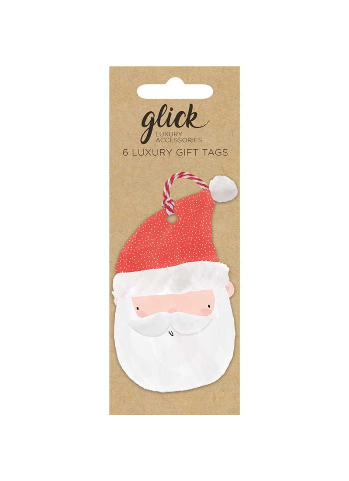 Pack of glick luxury gift tags with Santa Claus design on a beige card.