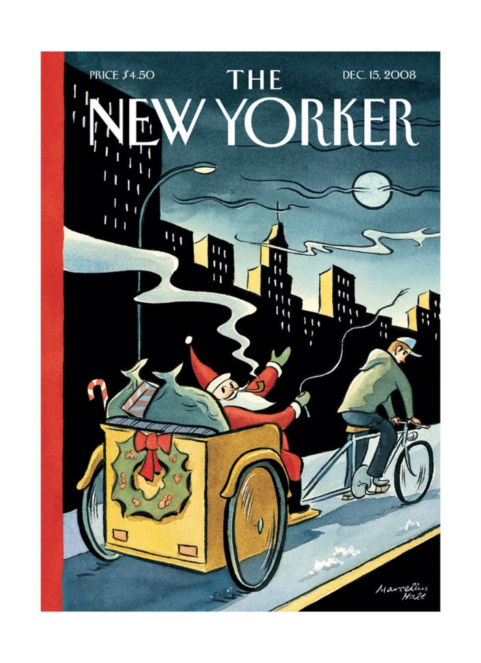 A New Yorker cover Christmas card with Santa in a sleigh pulled by a guy on a bike with a city background.
