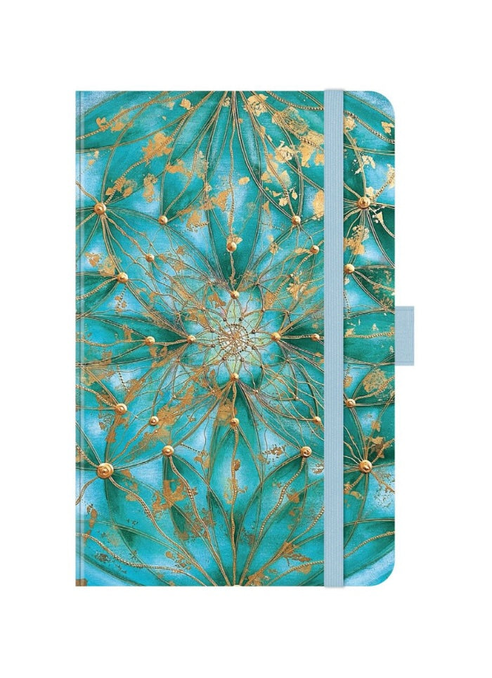 Notebook with teal and gold floral design on a white background