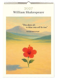 Calendar cover with a red flower and mountain landscape, featuring a Shakespeare quote.