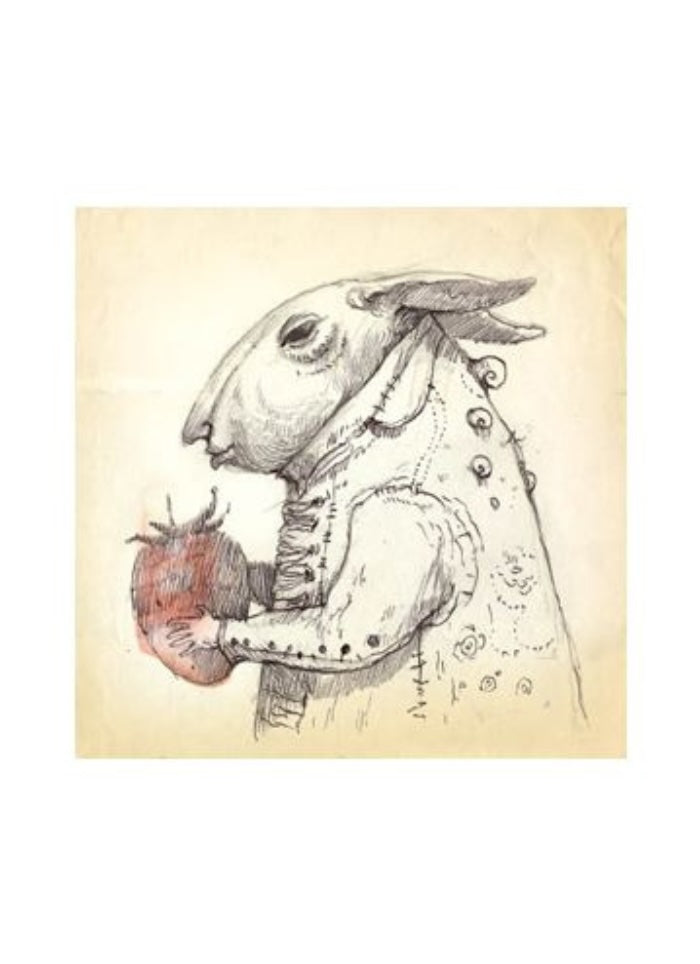 Shaun Tan illustration of a figure holding a strawberry