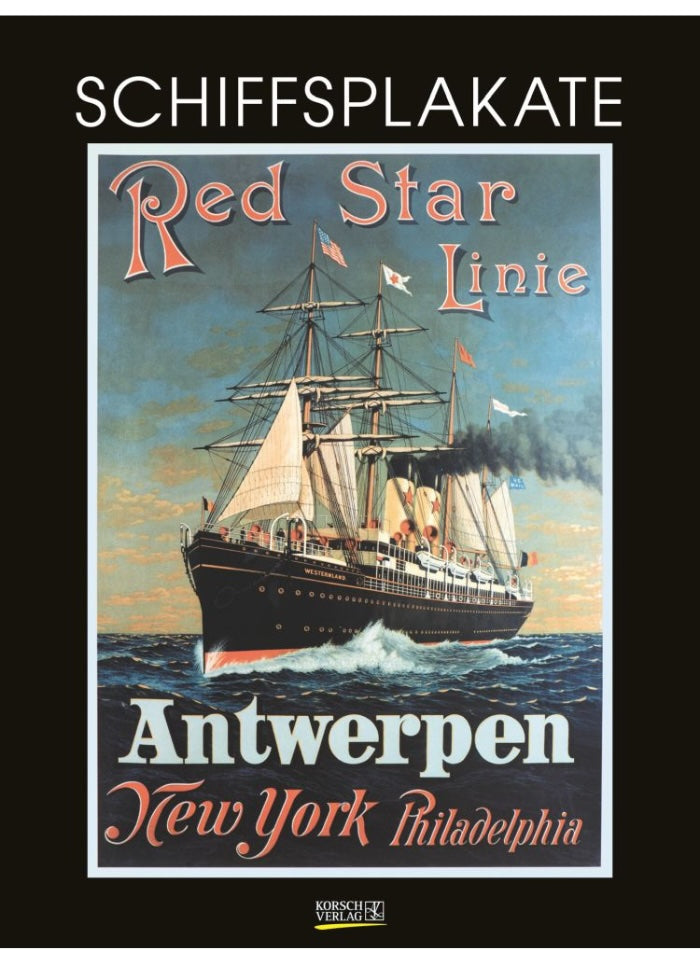 Vintage poster of a ship with text 'Red Star Linie' and destinations on a blue background.