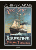 Vintage poster of a ship with text 'Red Star Linie' and destinations on a blue background.