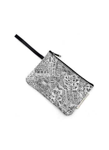 Pouch with black and white geometric pattern on a white background
