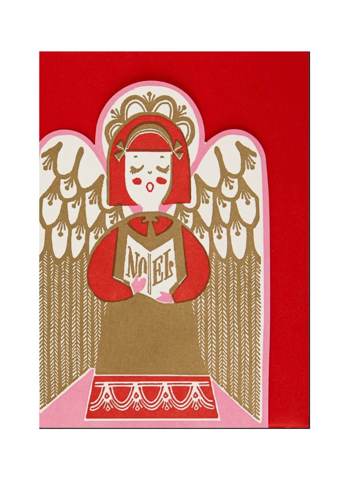 A singing Angel in red, gold and pink on a red background.