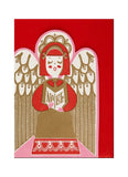 A singing Angel in red, gold and pink on a red background.