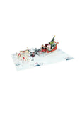 3D pop-up card with Santa Claus in a sleigh pulled by reindeer on a white background