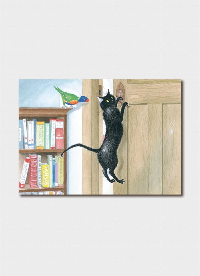Illustration of a black cat leaping from a bookshelf towards a bird on a branch.