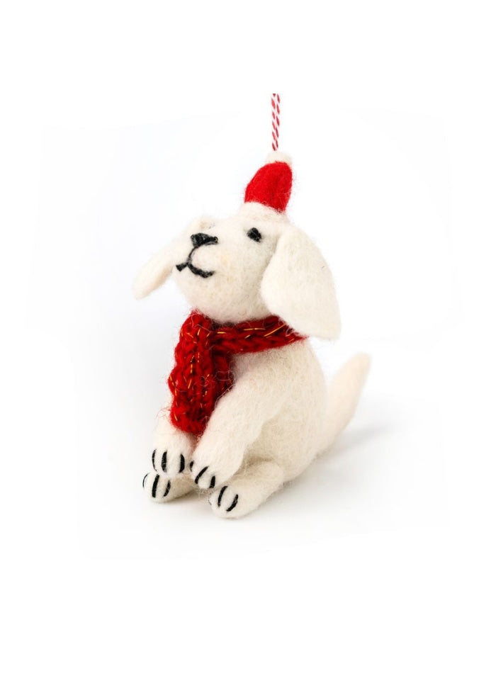 White dog with a red scarf and santa hat - felt decoration on string