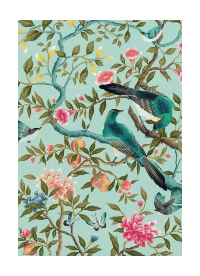 Floral pattern with birds on a light blue background
