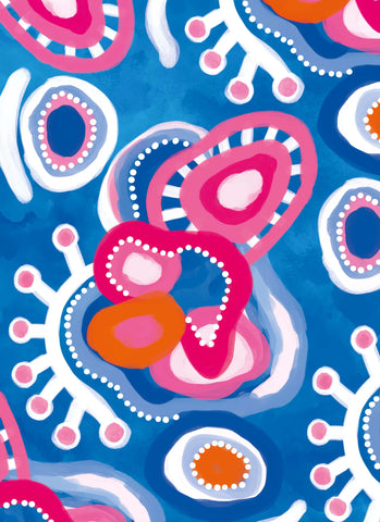 Colorful abstract pattern with pink, orange, and white shapes on a blue background