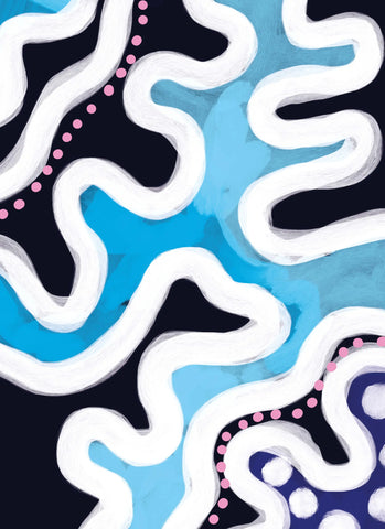 Abstract pattern with wavy lines and black shapes on a blue background