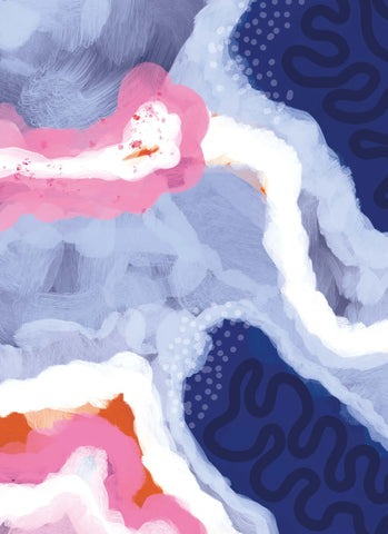 Abstract pattern with wavy lines in pink, blue, and white on a textured background