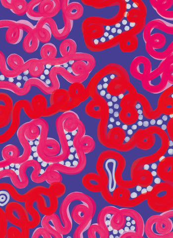 Colorful abstract pattern with red and pink shapes on a blue background