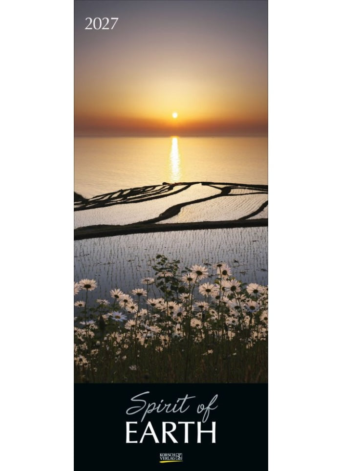 Calendar cover with sunset over water and flowers, featuring 'Spirit of Earth' text.