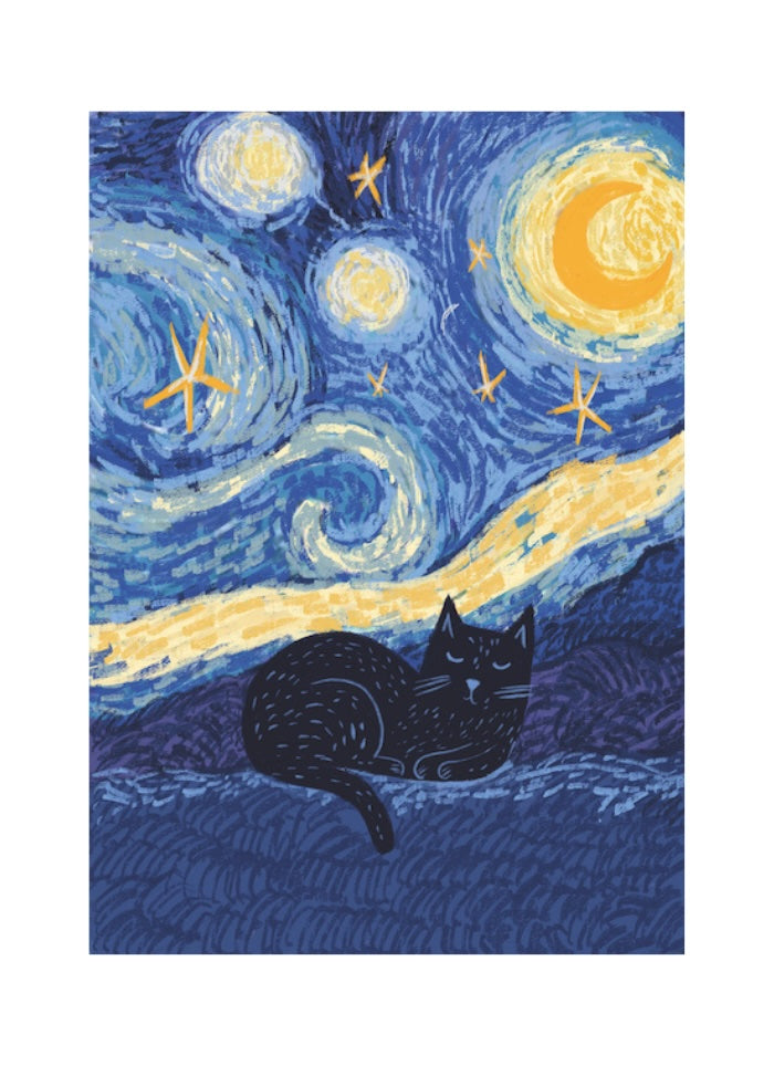 Starry night sky with a black cat sitting on a cloud