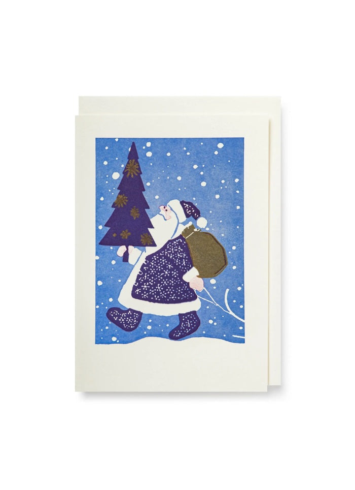 A santa with a tree and a sack in blue, grey and white