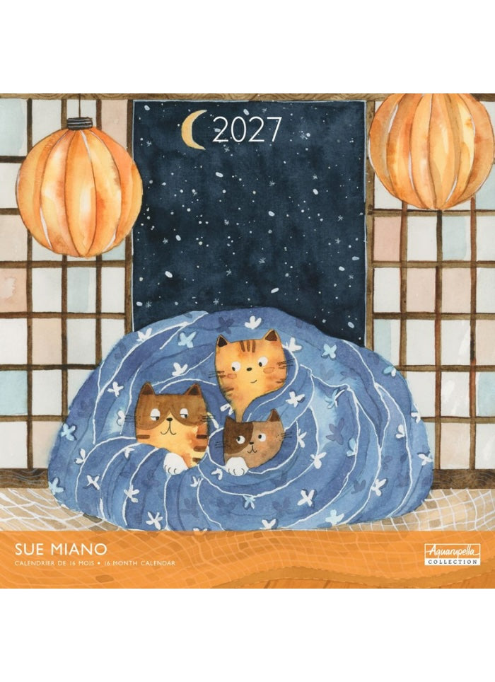 A calendar cover with art by SUe Miano features 3 ginger cats on a blue cushion