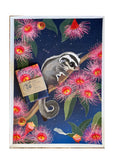 Cotton teatowel with a sugar glider and eucalyptus flowers on a dark blue background