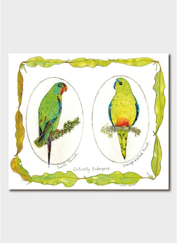Minky Grant art card - Critically Endangered: Swift Parrot & Orange-bellied Parrot