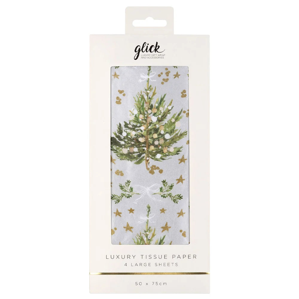 Silver paper with a Christmas Tree in a pack of 4 sheets of Chriistmas Tissue Wrapping Paper