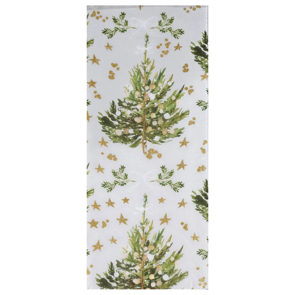 Silver paper with a green tree and gold stars.