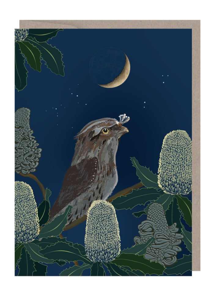 A dark blue card with a moon in the background, native flowers and a tawny mouth owl.
