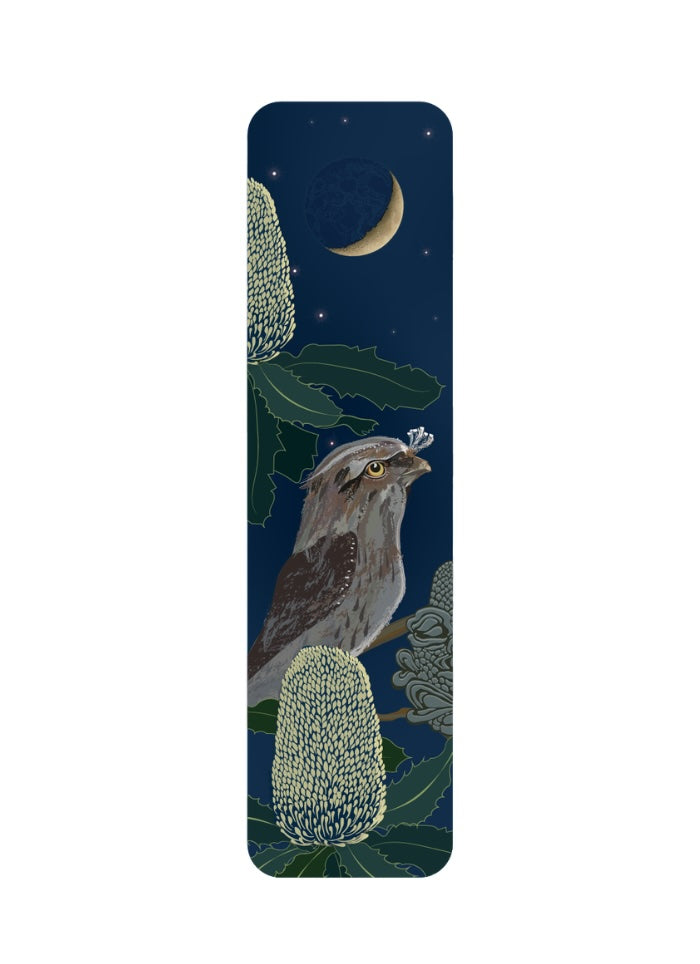 Bookmark with an owl in a tree with a dark blue background.