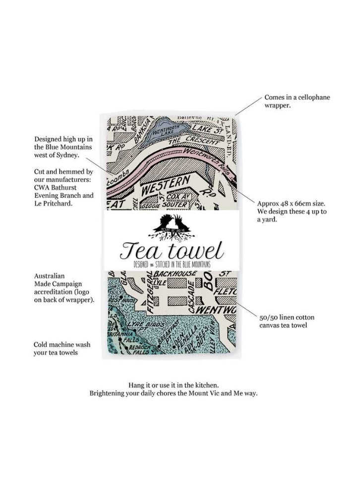 Tea towel with text detailing design and care instructions on a white background