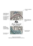 Tea towel with text detailing design and care instructions on a white background