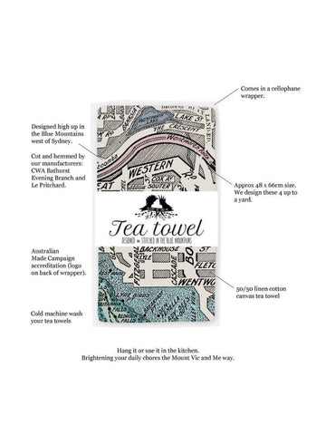 Tea towel with text detailing design and care instructions on a white background
