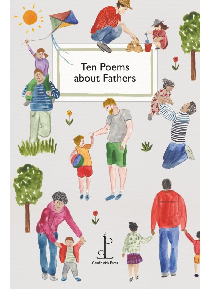 Book cover of 'Ten Poems about Fathers' with illustrations of fathers and children outdoors.