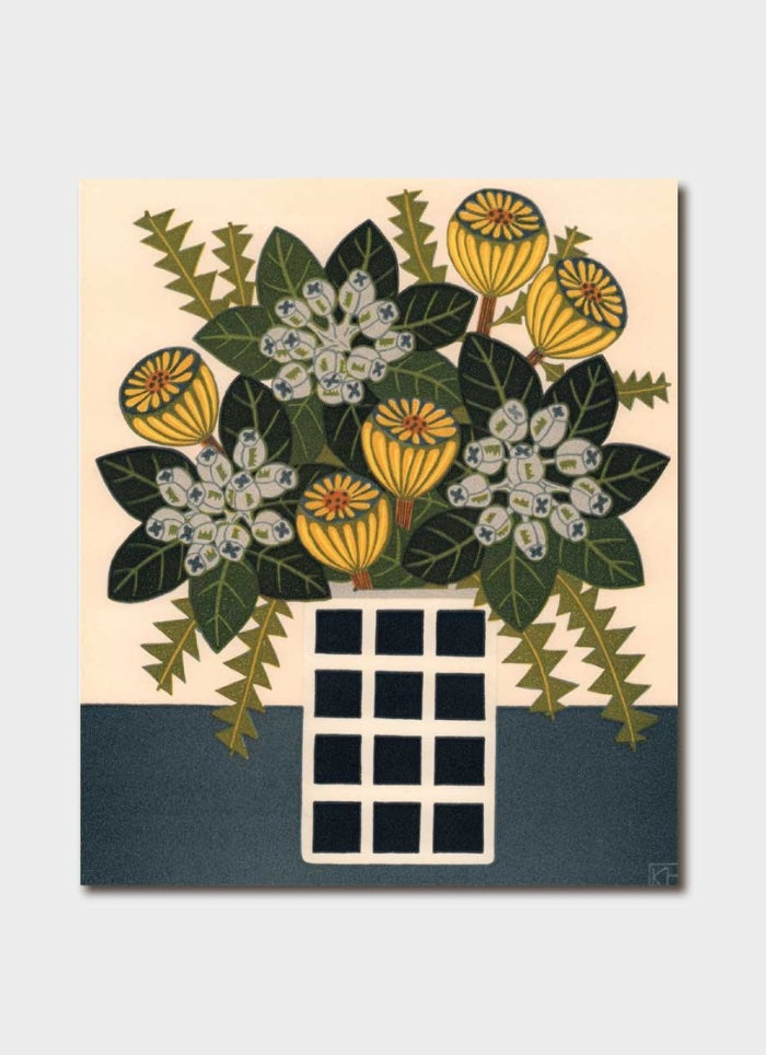 Decorative wall art with floral design and window-like pattern on a beige and navy background