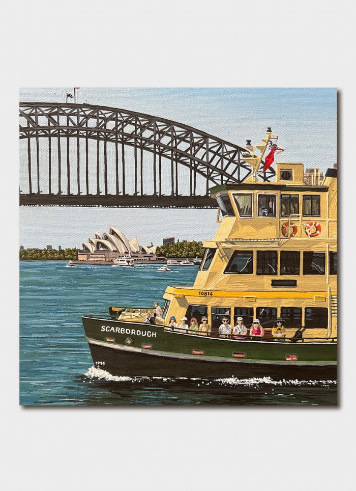 Ferry boat named 'Scarborough' with Sydney Harbour Bridge and Opera House in the background
