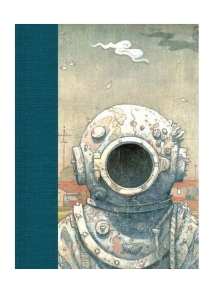 Book cover with a vintage diving helmet design on a teal background