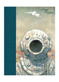Book cover with a vintage diving helmet design on a teal background