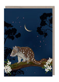 A dark blue background with a moon in the background and a quoll on a tree branch