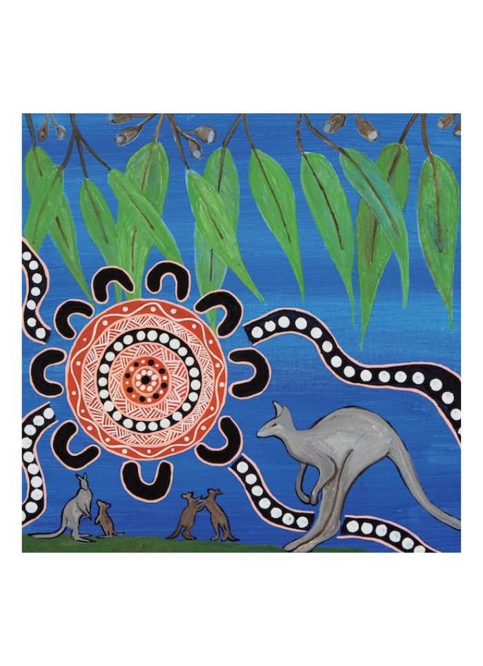 Artistic depiction of kangaroos and a mandala design on a blue background