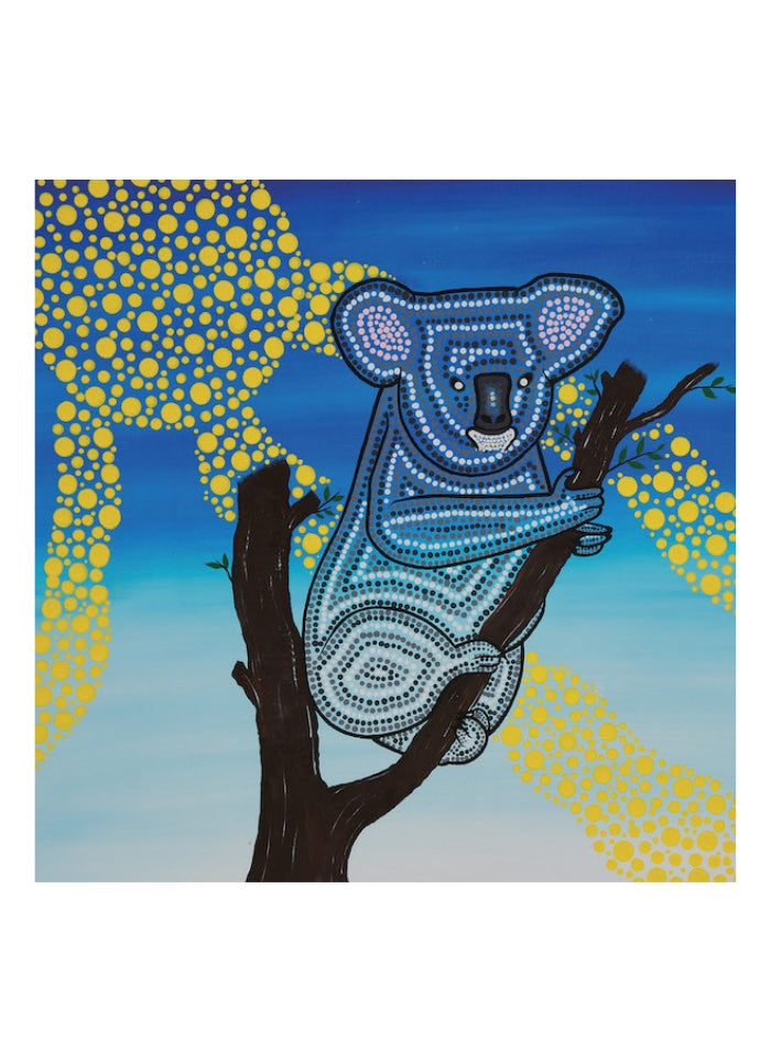 Decorative panel with a stylized koala and tree design on a blue background