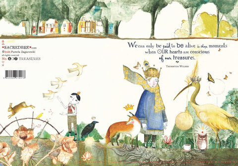 Illustrated book page with a child, animals, and nature elements.