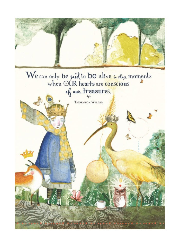 Illustration of a fairy, stork, and other creatures with a quote by Thornton Wilder in a forest setting.