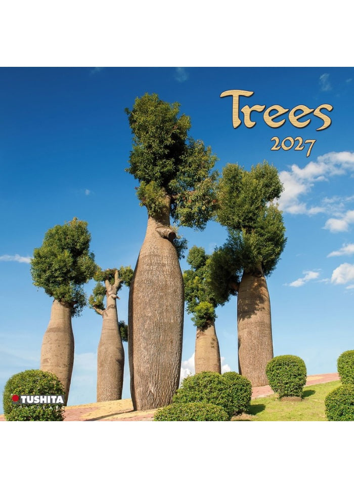Calendar cover featuring a group of tall trees with a blue sky background, Tushita brand visible.