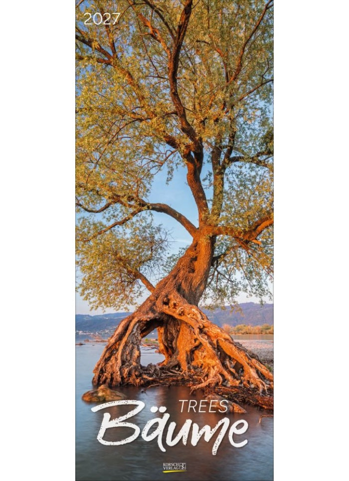 Calendar cover with a large tree by a body of water, featuring the word 'Bäume' and the year 2027.