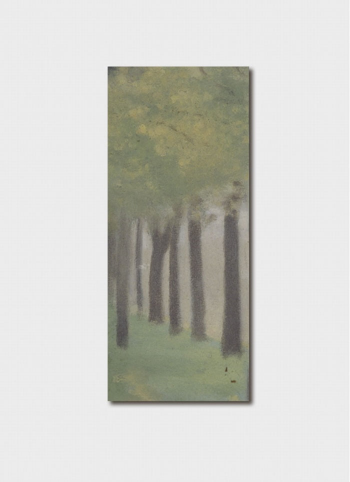 Painting of a forest scene with tall trees on a light gray background