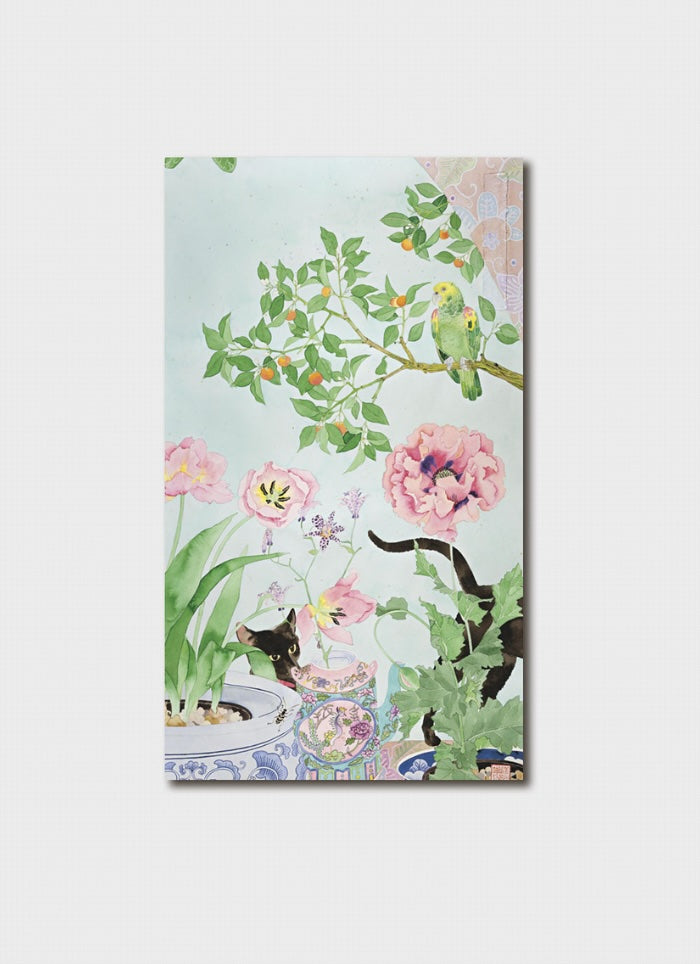 A card with pink flowers a tree, parrot and a black cat.