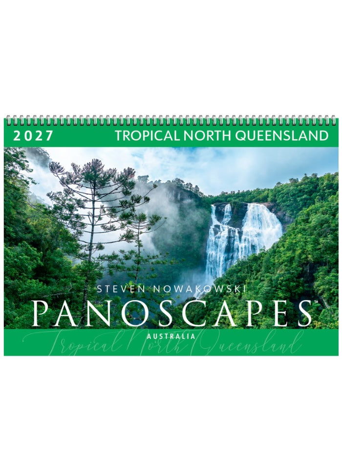 Calendar cover featuring a waterfall and tropical forest with 'Panoscapes' branding.